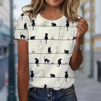 Женская летняя футболка с принтом в виде котенка с коротким рукавом, повседневные топы с принтом XS белый