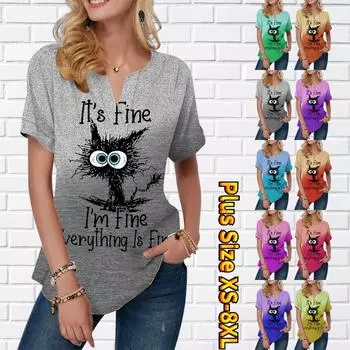 Женская летняя футболка с принтом жареного кота, футболки с короткими рукавами, повседневные топы, маленький v-образный вырез с короткими рукавами XS зелёный