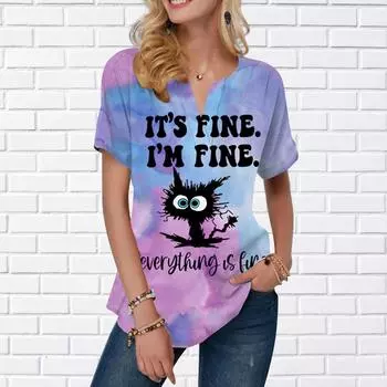 Женская летняя футболка с принтом жареного кота, футболки с короткими рукавами, повседневные топы с принтом, маленький v-образный вырез, короткие рукава XS синий
