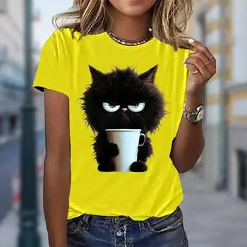 Женская летняя футболка с принтом жареного котенка с коротким рукавом, повседневные топы с принтом XS красный