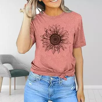 Женская летняя футболка с принтом желтого подсолнуха, футболки с коротким рукавом, повседневные топы с принтом XS жёлтый