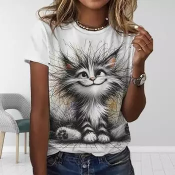 Женская летняя футболка с принтом животных и граффити, футболки с коротким рукавом, повседневные топы с принтом XS белый