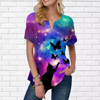 Женская летняя футболка с принтом звездного кота, футболки с короткими рукавами, повседневные топы с принтом, маленький v-образный вырез с короткими рукавами XS фиолетовый