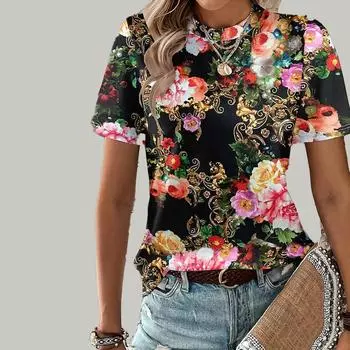 Женская летняя футболка с ярким цветочным принтом, футболка с короткими рукавами, повседневный топ с принтом XS чёрный