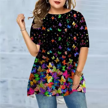 Женская летняя футболка с ярким принтом бабочки больших размеров, удобная футболка с короткими рукавами и круглым вырезом, повседневная мешковатая футболка средней длины XS фиолетовый