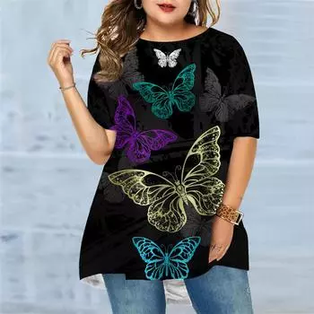 Женская летняя футболка с радужным принтом бабочки больших размеров, удобная футболка с короткими рукавами и круглым вырезом, повседневная мешковатая футболка средней длины XS синий