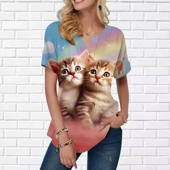 Женская летняя футболка с радужным принтом кота, футболки с короткими рукавами, повседневные топы с принтом, маленький v-образный вырез с короткими рукавами XS разноцветный