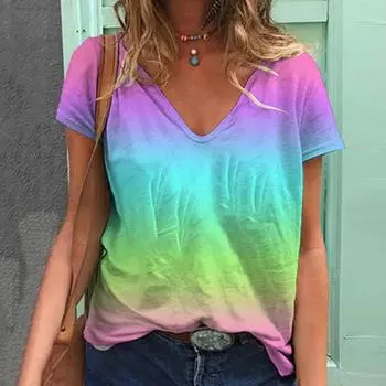 Женская летняя футболка с разноцветным градиентным принтом и короткими рукавами, повседневные топы с принтом XS разноцветный