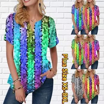 Женская летняя футболка с разноцветным ромбовидным принтом, футболки с короткими рукавами, повседневные топы, маленький v-образный вырез с короткими рукавами XS синий