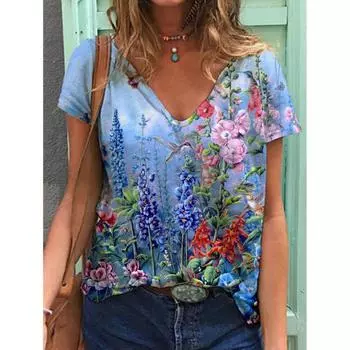 Женская летняя футболка с разноцветными цветами и принтом, футболки с короткими рукавами, повседневные топы с принтом XS светло-синий