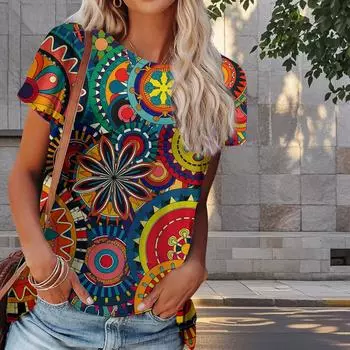 Женская летняя футболка с ретро-принтом, модные футболки с коротким рукавом, повседневные топы с принтом XS синий