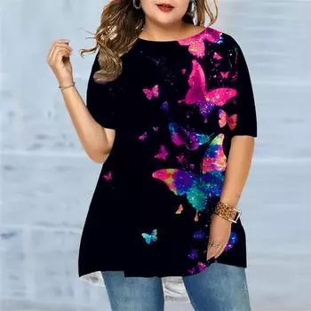 Женская летняя футболка с рисунком бабочки размера плюс, удобная футболка с короткими рукавами и круглым вырезом, повседневная мешковатая футболка средней длины XS синий