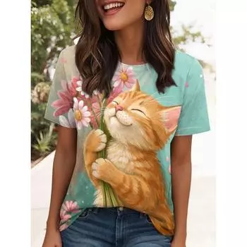 Женская летняя футболка с рисунком кошки, повседневная, короткий рукав, круглый вырез, обычный топ, с принтом, летняя 2XS