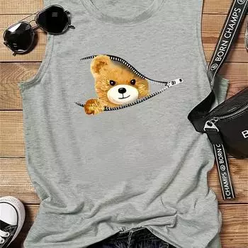 Женская летняя футболка с рисунком медведя, большая повседневная футболка без рукавов с круглым вырезом, свободная футболка с принтом S