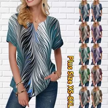 Женская летняя футболка с рисунком перьев, футболки с короткими рукавами, повседневные топы, маленький v-образный вырез с короткими рукавами XS синий