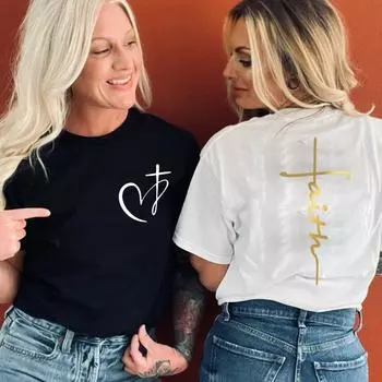 Женская летняя футболка с рисунком сердца и креста, модная футболка с принтом, женская брендовая футболка с коротким рукавом, футболка с надписью Faith Jesus, одежда S