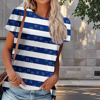 Женская летняя футболка с рисунком в виде линии, модные футболки с коротким рукавом в стиле ретро, повседневные топы с принтом XS синий