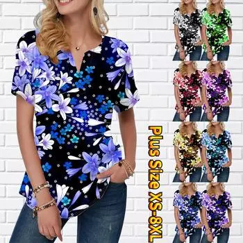 Женская летняя футболка с розовым цветочным принтом, футболки с короткими рукавами, повседневные топы, маленький v-образный вырез с короткими рукавами XS белый