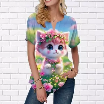 Женская летняя футболка с розовым котенком, футболки с короткими рукавами, повседневные топы с принтом, маленький v-образный вырез с короткими рукавами XS зелёный