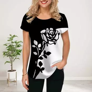 Женская летняя футболка с розовым принтом в виде цветка и кристалла, футболки с коротким рукавом, повседневные топы с принтом XS синий