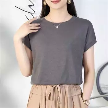 Женская летняя футболка с рукавами «летучая мышь» — однотонная, с круглым вырезом, свободный крой, универсальный повседневный стиль L (100-115 jin)