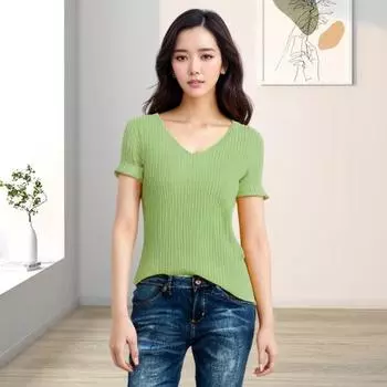 Женская летняя футболка с рукавами, однотонная футболка в рубчик, обычные короткие вязаные топы с v-образным вырезом для работы XL жёлтый
