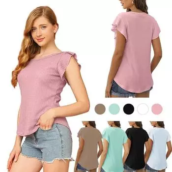Женская летняя футболка с рюшами и круглым вырезом, повседневная рубашка с коротким рукавом, блузка S белый