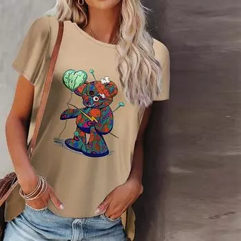 Женская летняя футболка с шерстяным медвежьим принтом и короткими рукавами, повседневные топы с принтом XS белый