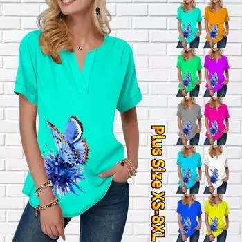 Женская летняя футболка с синим принтом бабочки, футболки с короткими рукавами, повседневные топы, маленький v-образный вырез, короткие рукава XS светло-зеленый