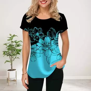 Женская летняя футболка с синим принтом в виде цветка, футболки с коротким рукавом, повседневные топы с принтом XS красный