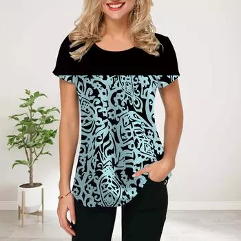 Женская летняя футболка с синим принтом в виде цветка, футболки с коротким рукавом, повседневные топы с принтом XS синий