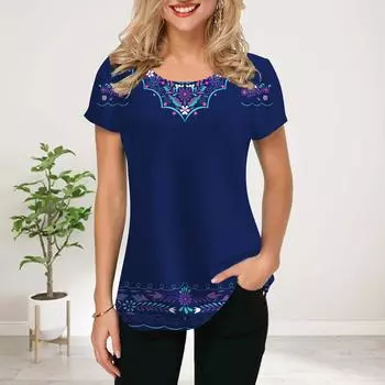 Женская летняя футболка с синим вышитым цветочным принтом, футболки с коротким рукавом, повседневные топы с принтом XS синий