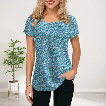 Женская летняя футболка с синими цветочными фрагментами, футболки с коротким рукавом, повседневные топы с принтом XS синий