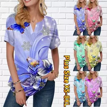 Женская летняя футболка с трехмерным цветочным принтом, футболки с короткими рукавами, повседневные топы, маленький v-образный вырез с короткими рукавами XS синий