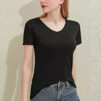 Женская летняя футболка с v-образным вырезом и короткими рукавами, блузка, повседневная тонкая рубашка L чёрный