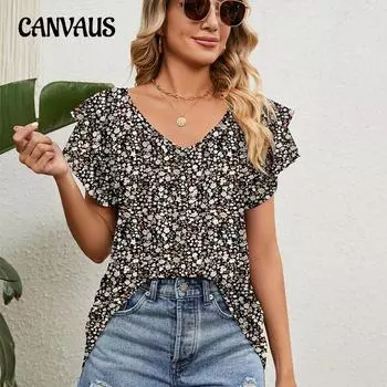 Женская летняя футболка с v-образным вырезом и принтом, двухслойная свободная футболка с рукавами с рюшами S