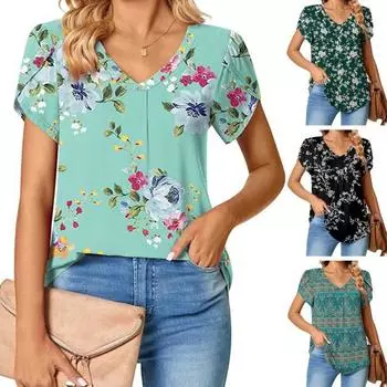Женская летняя футболка с v-образным вырезом и лепестками, топ с коротким рукавом и цветочным принтом, повседневный свободный пуловер, топы, уличная одежда S зелёный
