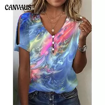 Женская летняя футболка с v-образным вырезом, топ с короткими рукавами и принтом тай-дай