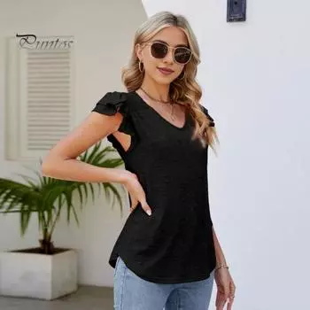 Женская летняя футболка с v-образным вырезом и рюшами, многослойные плиссированные топы с короткими рукавами, однотонная блузка свободного покроя M синий