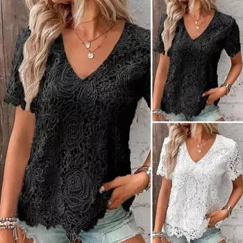 Женская летняя футболка с v-образным вырезом и коротким рукавом, повседневная футболка, кружевной пуловер с вышивкой, топы, уличная одежда
