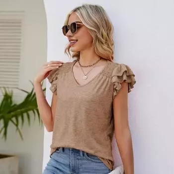 Женская летняя футболка с v-образным вырезом и рюшами, плиссированные топы с короткими рукавами и плечами, однотонные свободные M синий