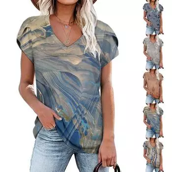 Женская летняя футболка с v-образным вырезом, плиссированная футболка с рукавами-лепестками, кружевная строчка, V-образный вырез, футболка с короткими рукавами, нарядная повседневная удобная мягкая туника свободного покроя L