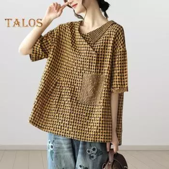 Женская летняя футболка с v-образным вырезом и лацканами, футболка с короткими рукавами и клетчатым принтом, свободный пуловер, топы с карманами, уличная одежда L чёрный