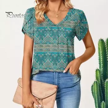 Женская летняя футболка с v-образным вырезом и лепестками, топ с коротким рукавом и цветочным принтом, повседневный свободный пуловер, топы, уличная одежда S зелёный