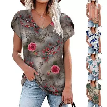 Женская летняя футболка с v-образным вырезом, плиссированная футболка с рукавами-лепестками, кружевная строчка, V-образный вырез, футболка с короткими рукавами, нарядная повседневная удобная мягкая туника свободного покроя XXXL синий