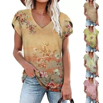 Женская летняя футболка с v-образным вырезом, плиссированная футболка с рукавами-лепестками, кружевная строчка, V-образный вырез, футболка с короткими рукавами, нарядная повседневная удобная мягкая туника свободного покроя L розовый