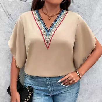 Женская летняя футболка с v-образным вырезом и коротким рукавом. Удобная дышащая легкая свободная футболка. Повседневная модная футболка больших размеров. XL