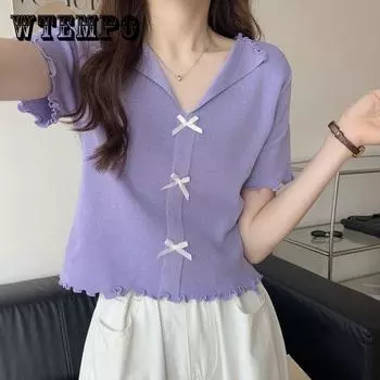 Женская летняя футболка с v-образным вырезом и короткими рукавами, тонкий короткий вязаный свитер с грибковым краем, тонкий топ из ледяного шелка one size синий