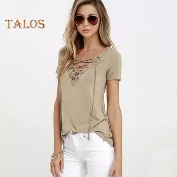 Женская летняя футболка с v-образным вырезом и перекрестной шнуровкой, футболка с короткими рукавами, однотонный приталенный пуловер, топы, уличная одежда M небесно-голубой