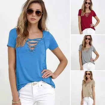 Женская летняя футболка с v-образным вырезом и перекрестной шнуровкой, футболка с короткими рукавами, однотонный приталенный пуловер, топы M небесно-голубой